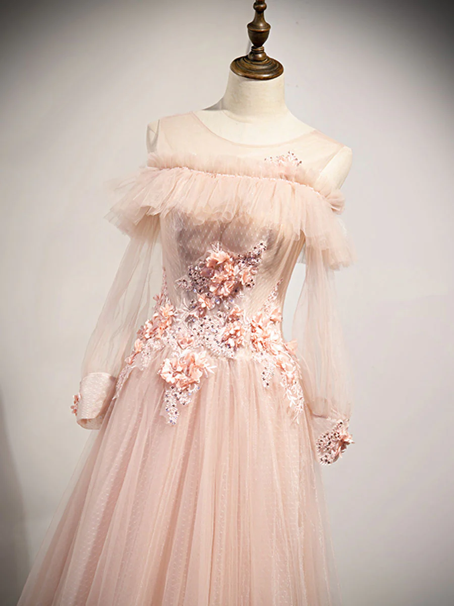 Pink Round Neck Tulle Lace Long Prom Dress, Pink Tulle Formal Dress - Deanwangkt