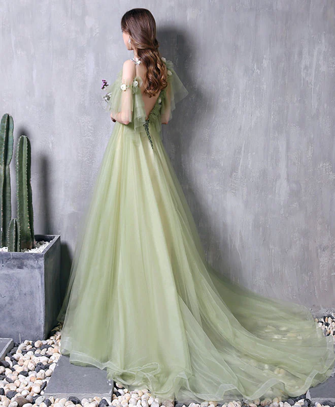 Green Tulle Lace Long Prom Dress Green Evening Dress - Deanwangkt