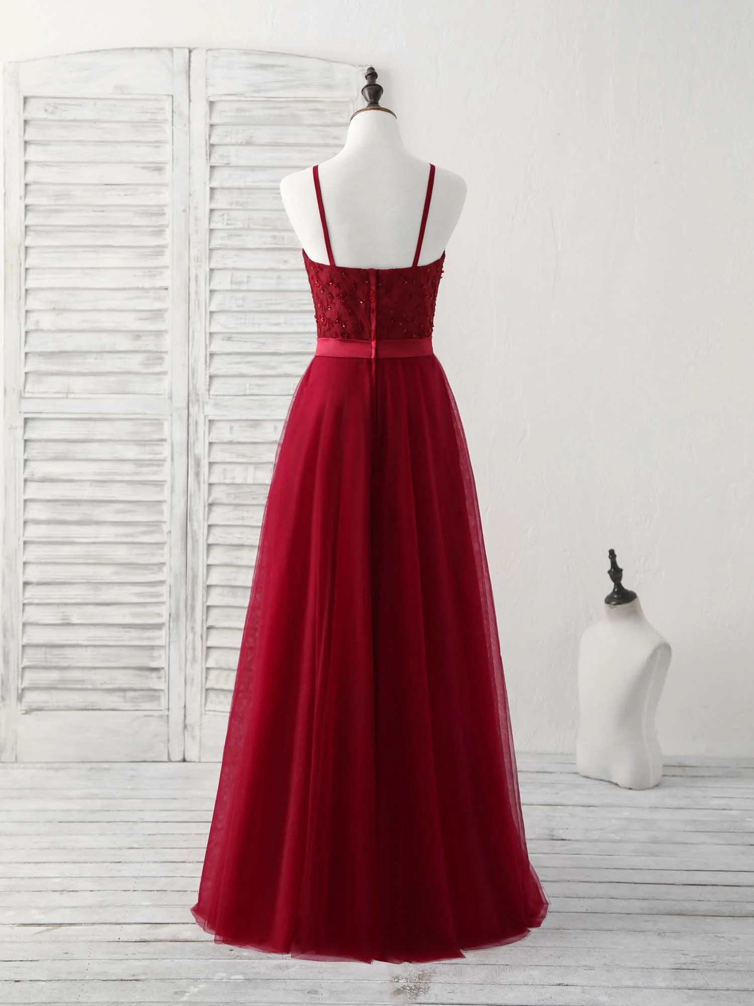 Burgundy Tulle Lace Long Prom Dress, Burgundy Bridesmaid Dress - Deanwangkt