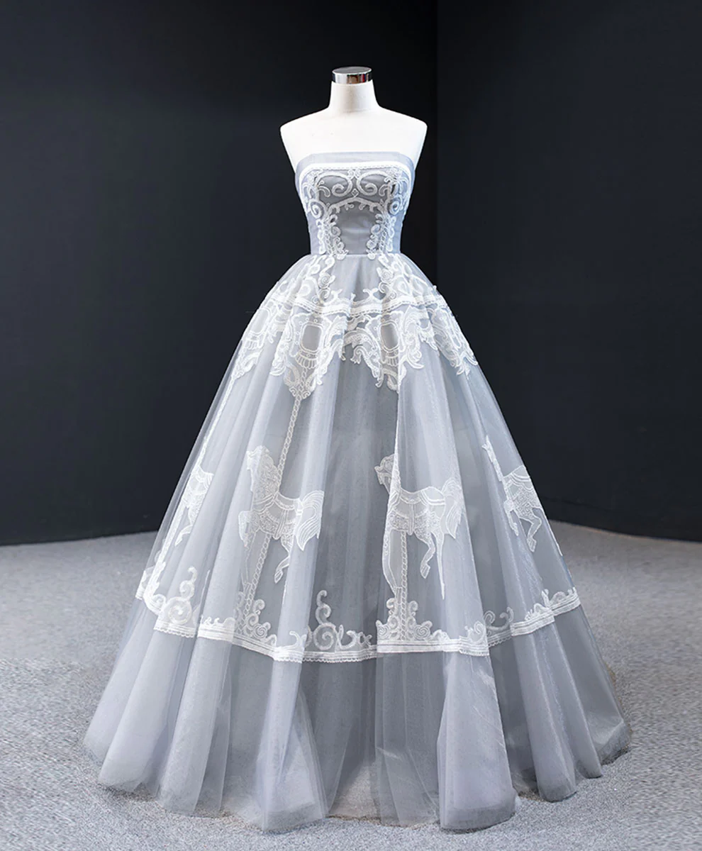 Gray Sweetheart Tulle Lace Long Prom Dress Gray Tulle Formal Dress - Deanwangkt