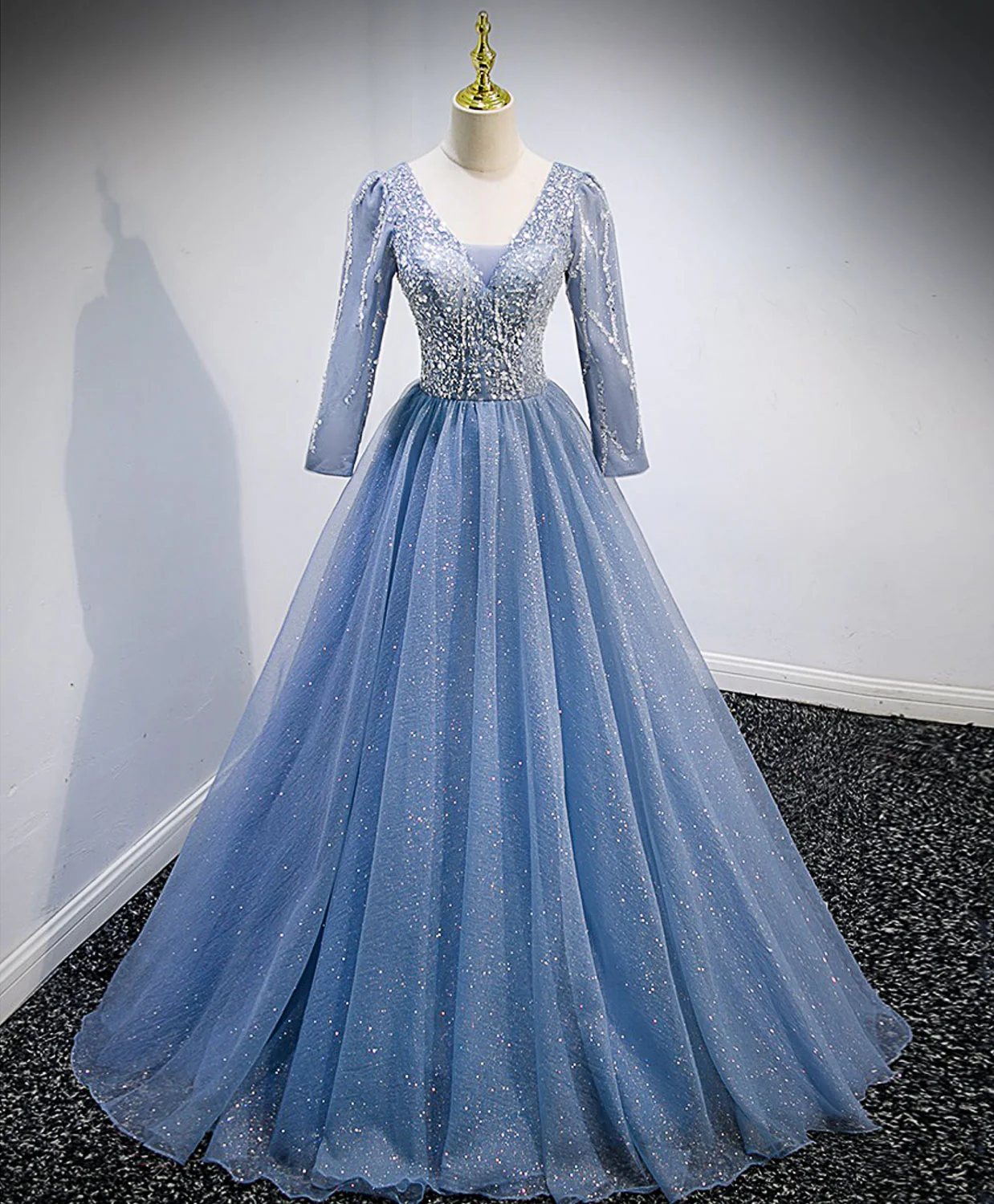 Blue V Neck Tulle Lace Long Prom Dress, Blue Evening Dress with Sequin Beading - Deanwangkt