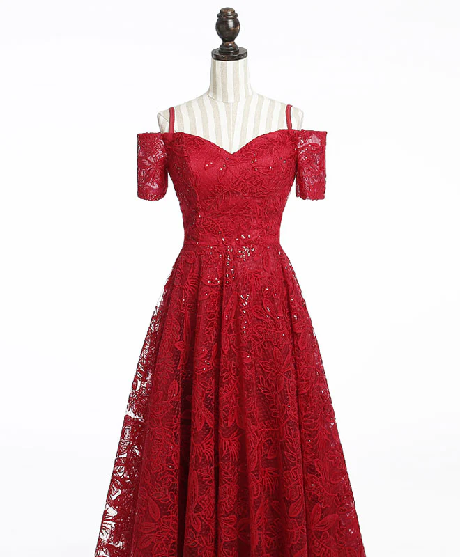 Unique Burgundy Lace Long Prom Dress, Burgundy Evening Dress - Deanwangkt