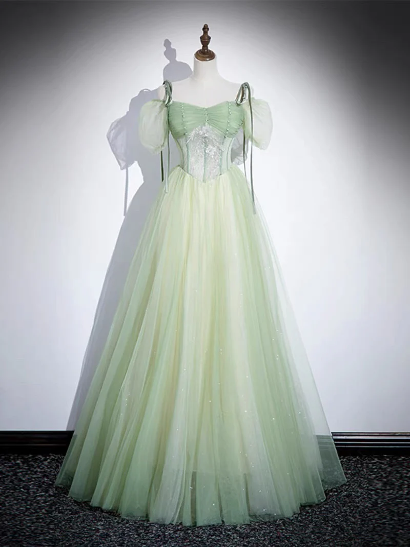 A-Line Tulle Lace Green Long Prom Dress, Green Long Evening Dress - Deanwangkt