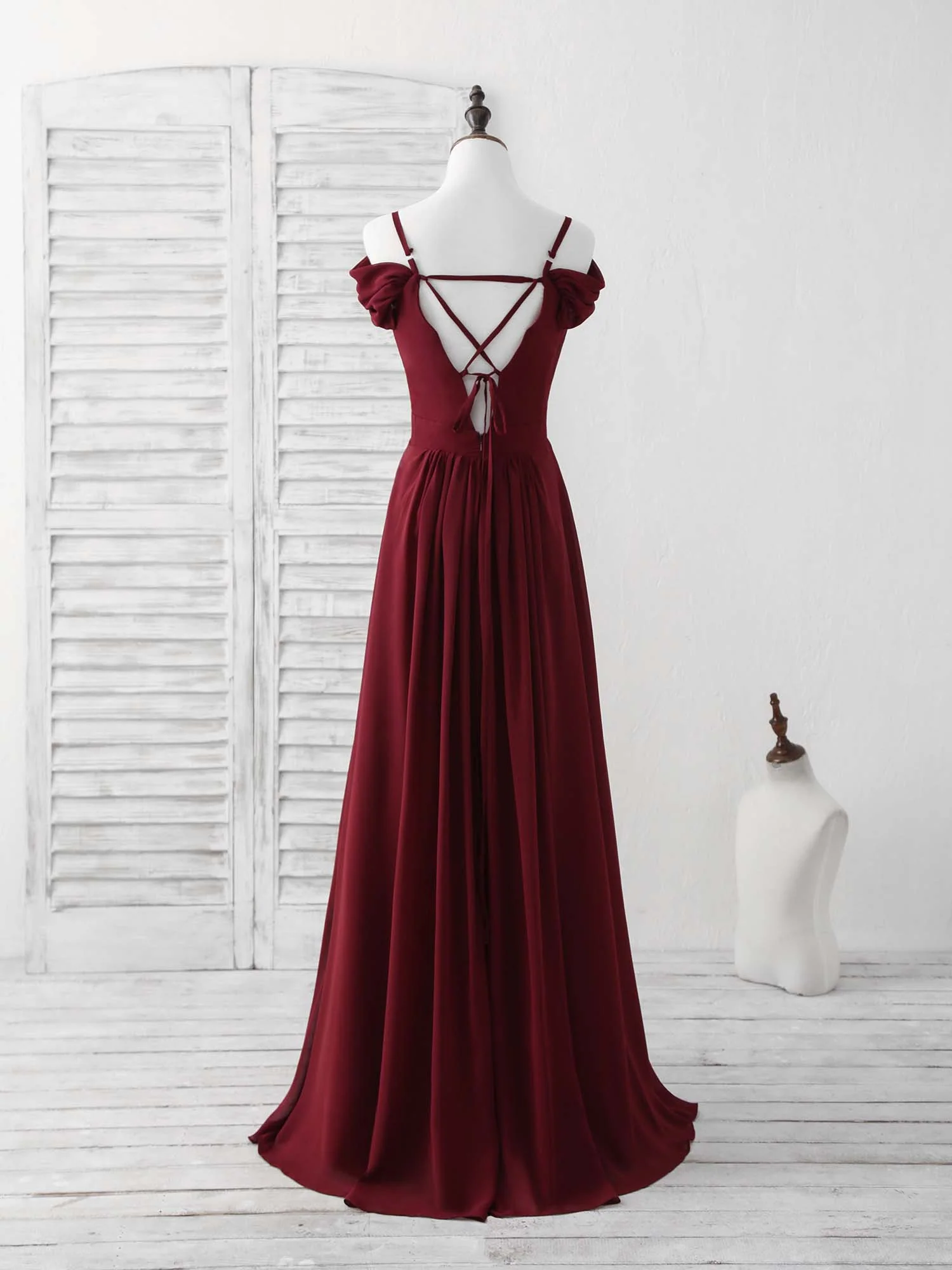 Burgundy Lace Chiffon Long Prom Dress Burgundy Bridesmaid Dress - Deanwangkt