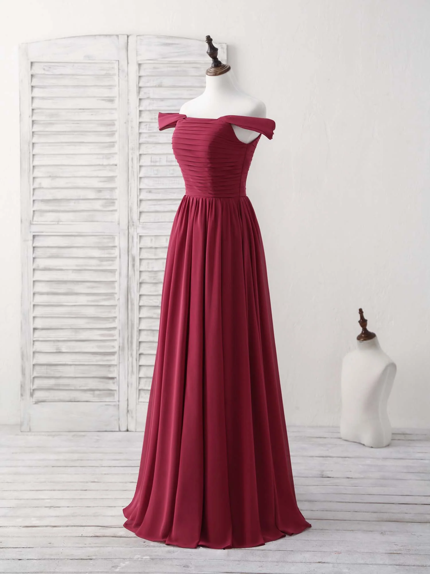 Burgundy Chiffon Off Shoulder Long Prom Dress Burgundy Bridesmaid Dress - Deanwangkt