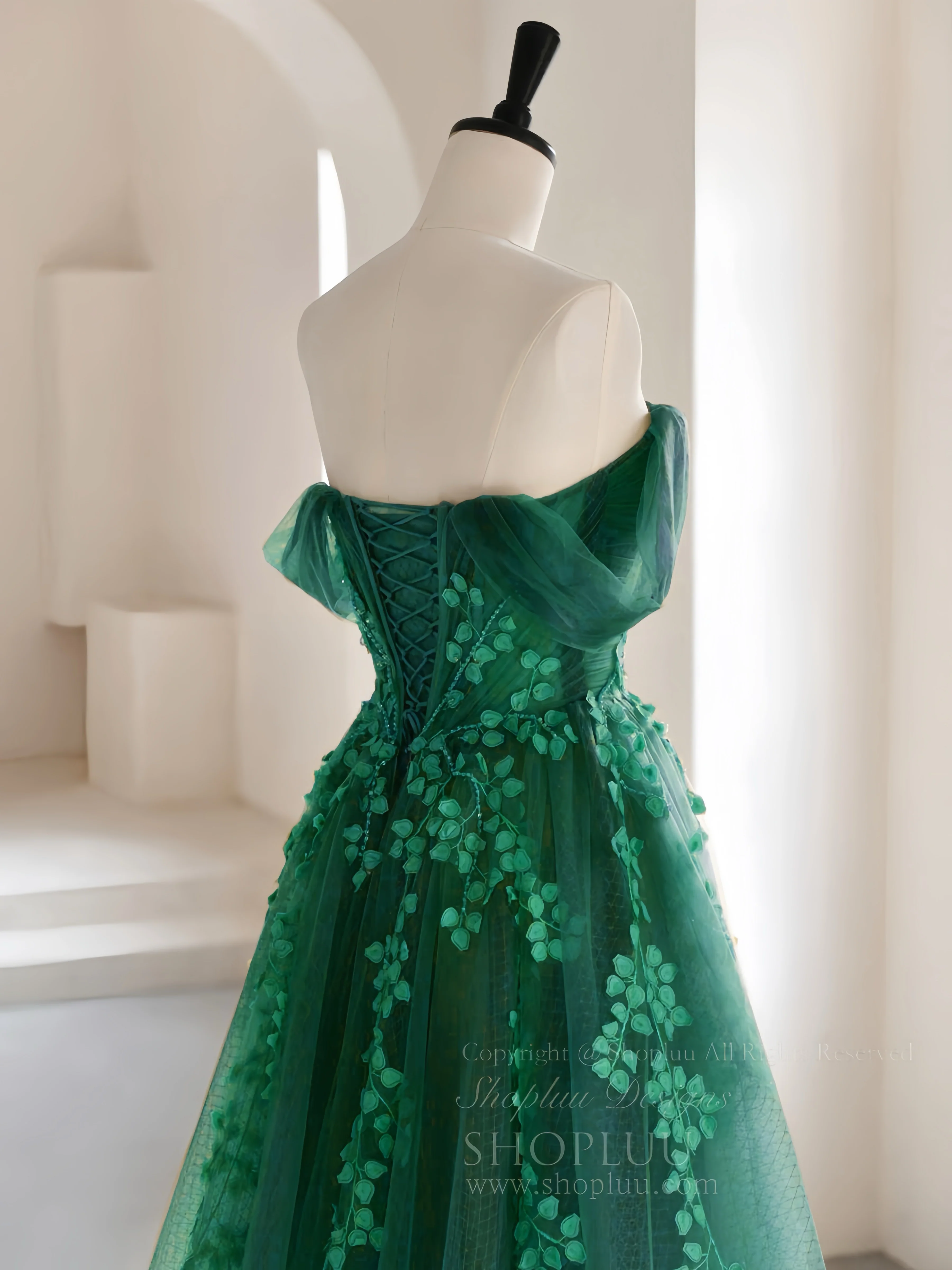 A-line Off Shoulder Emerald Green Tulle Long Prom Dress, Emerald Green Long Formal Dress - Deanwangkt