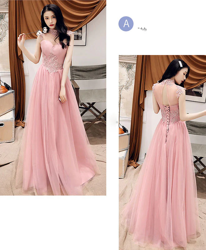Pink Tulle Lace Long Prom Dress, Pink Tulle Lace Bridesmaid Dress - Deanwangkt