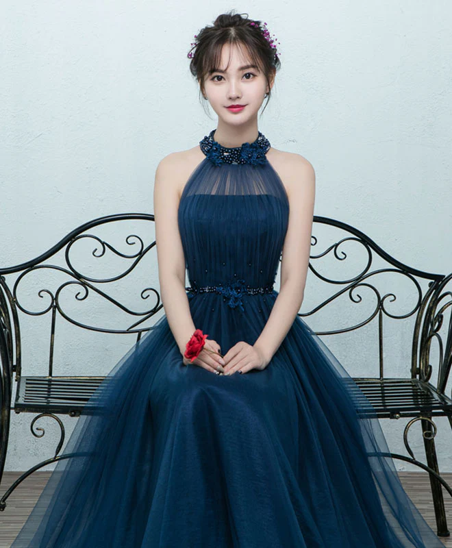 Simple Blue Tulle Long Prom Dress, Blue Tulle Bridesmaid Dress - Deanwangkt