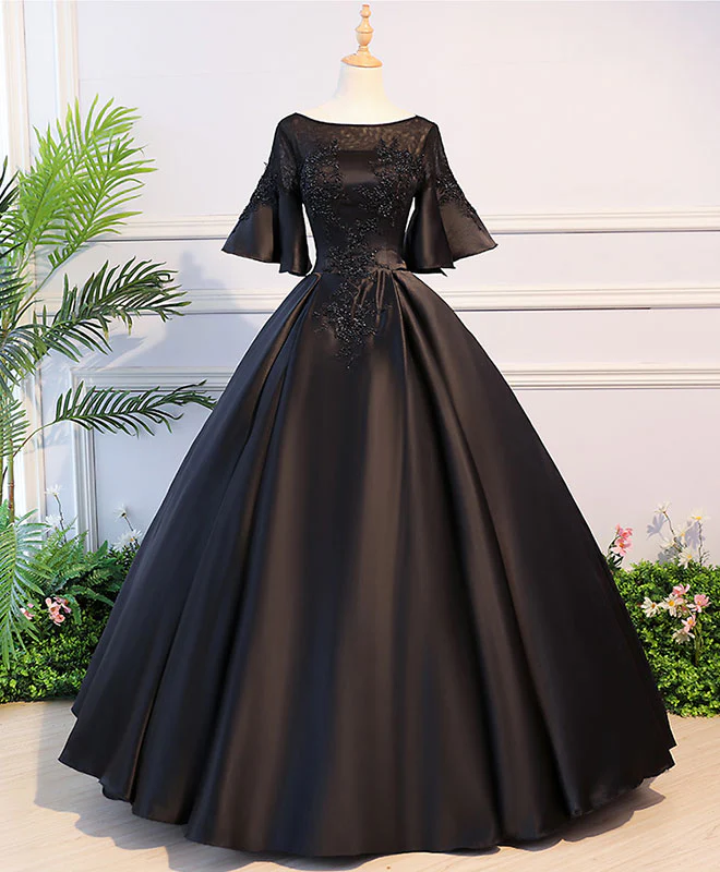 Black Round Neck Satin Lace Long Prom Dress, Sweet 16 Dress - Deanwangkt