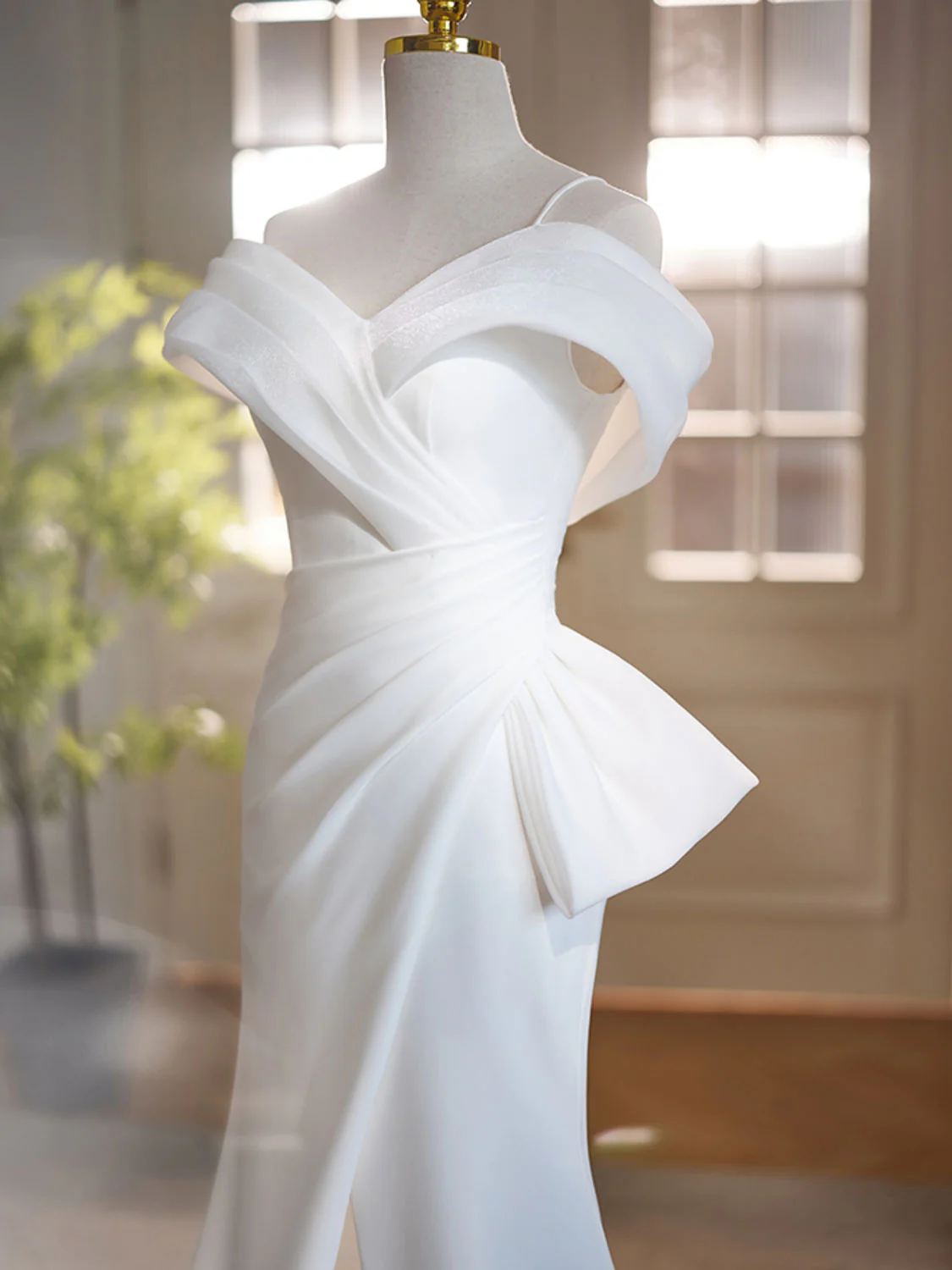 White Off Shoulder Satin Long Prom Dress, White Formal Dress - Deanwangkt