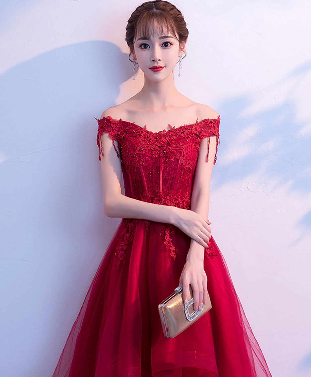 Burgundy Tulle Lace Prom Dress, Burgundy Tulle Evening Dress - Deanwangkt