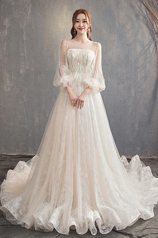 Unique Tulle Lace Long Wedding Dress, Tulle Lace Bridal Dress - Deanwangkt