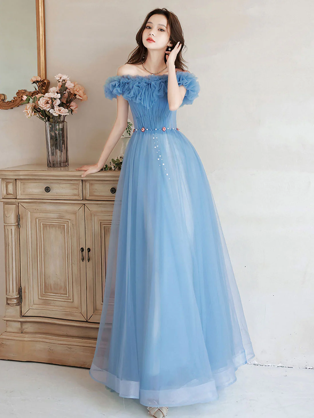 A-Line Off Shoulder Tulle Blue Long Prom Dress, Blue Formal Dresses - Deanwangkt