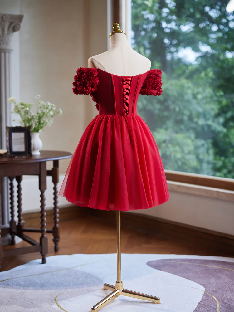 A-Line Tulle Lace Applique Red Short Prom Dress, Red Homecoming Dress - Deanwangkt