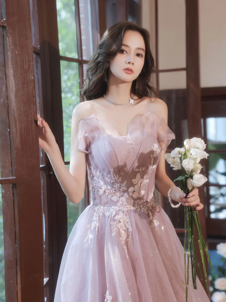 Pink A line Tulle Lace Applique Long Prom Dress, Pink Evening Dresses - Deanwangkt