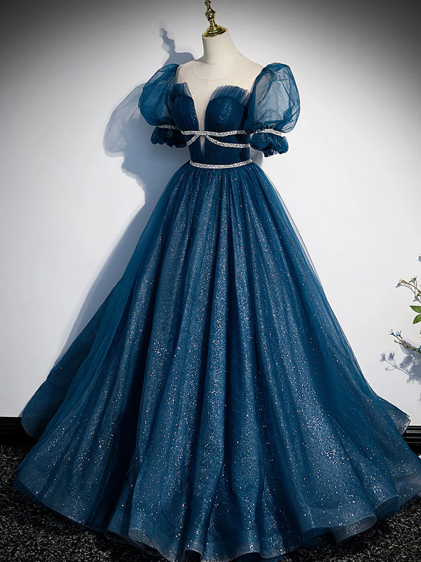 Blue Tulle Off Shoulder Long Prom Dress, Blue Tulle Formal Dress - Deanwangkt