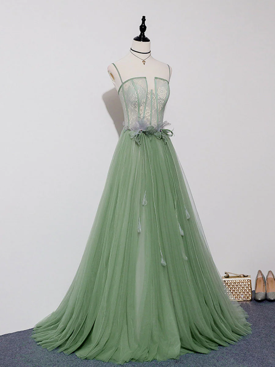 Green Tulle Lace Long Prom Dress, Green Tulle Long Formal Graduation Dress - Deanwangkt