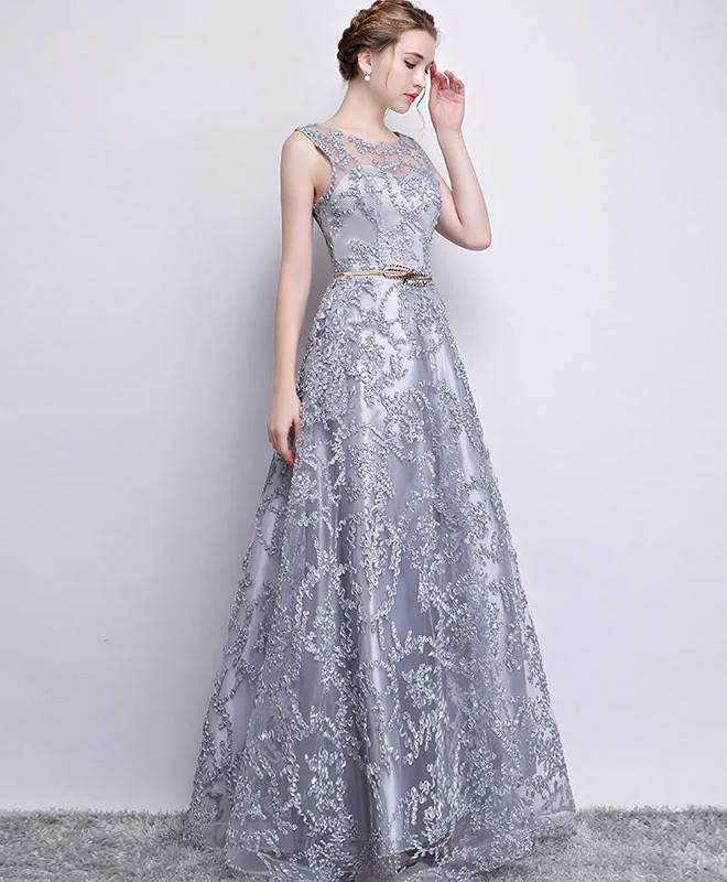 Gray Tulle Lace Long Prom Dress , Gray Evening Dress - Deanwangkt