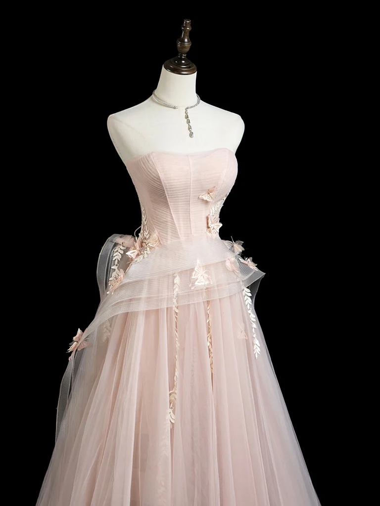 A-Line Tulle Lace Pink Long Prom Dress, Pink Long Formal Dress - Deanwangkt