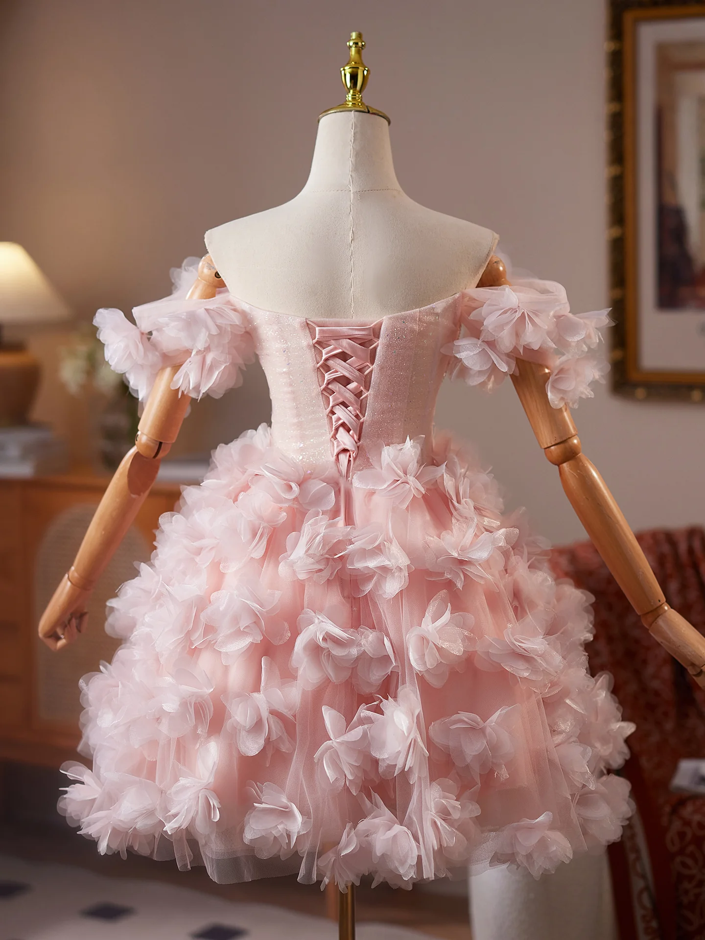 Cute Tulle Beads Flower Pink Short Prom Dress, Pink Homecoming Dress - Deanwangkt