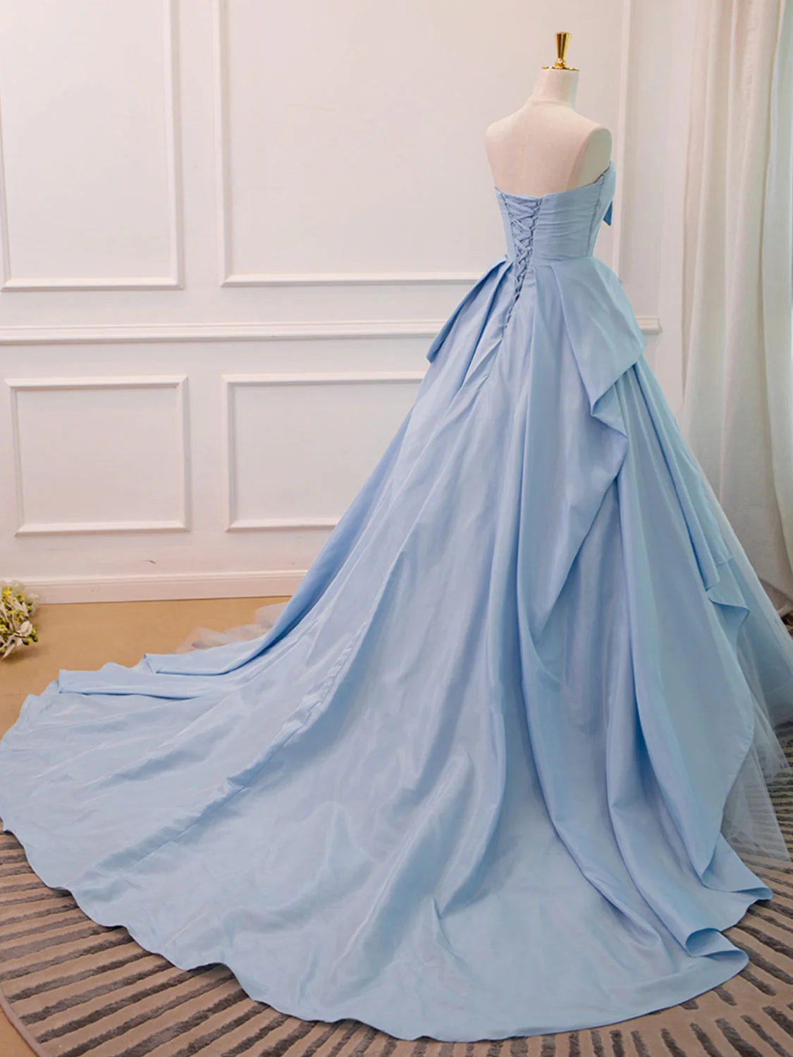 A-Line Sweetheart Neck Satin Tulle Blue Long Prom Dress, Blue Evening Dress - Deanwangkt