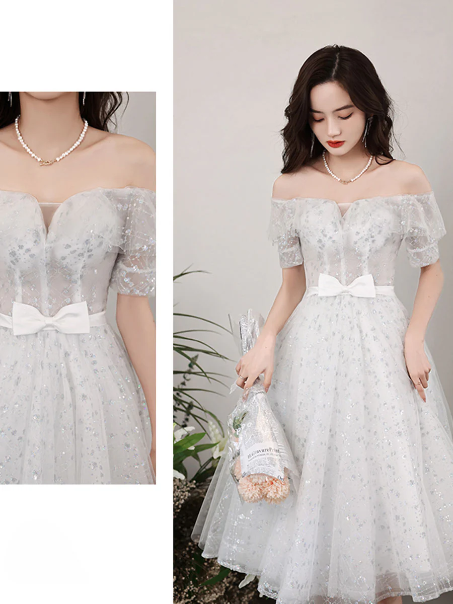 Cute A line Sequin Short Prom Dress, White Short Puffy Homecoming Dress - Deanwangkt