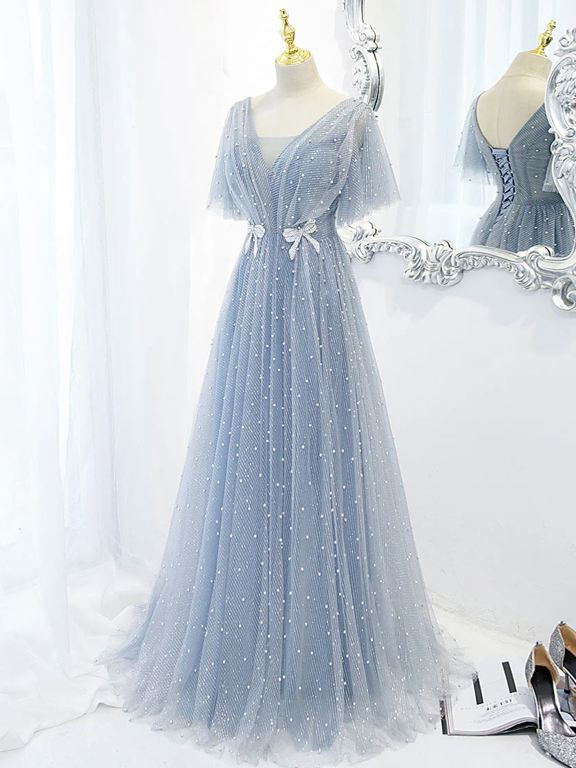 Blue V Neck Tulle Beads Long Prom Dress, Blue Tulle Formal Dress - Deanwangkt