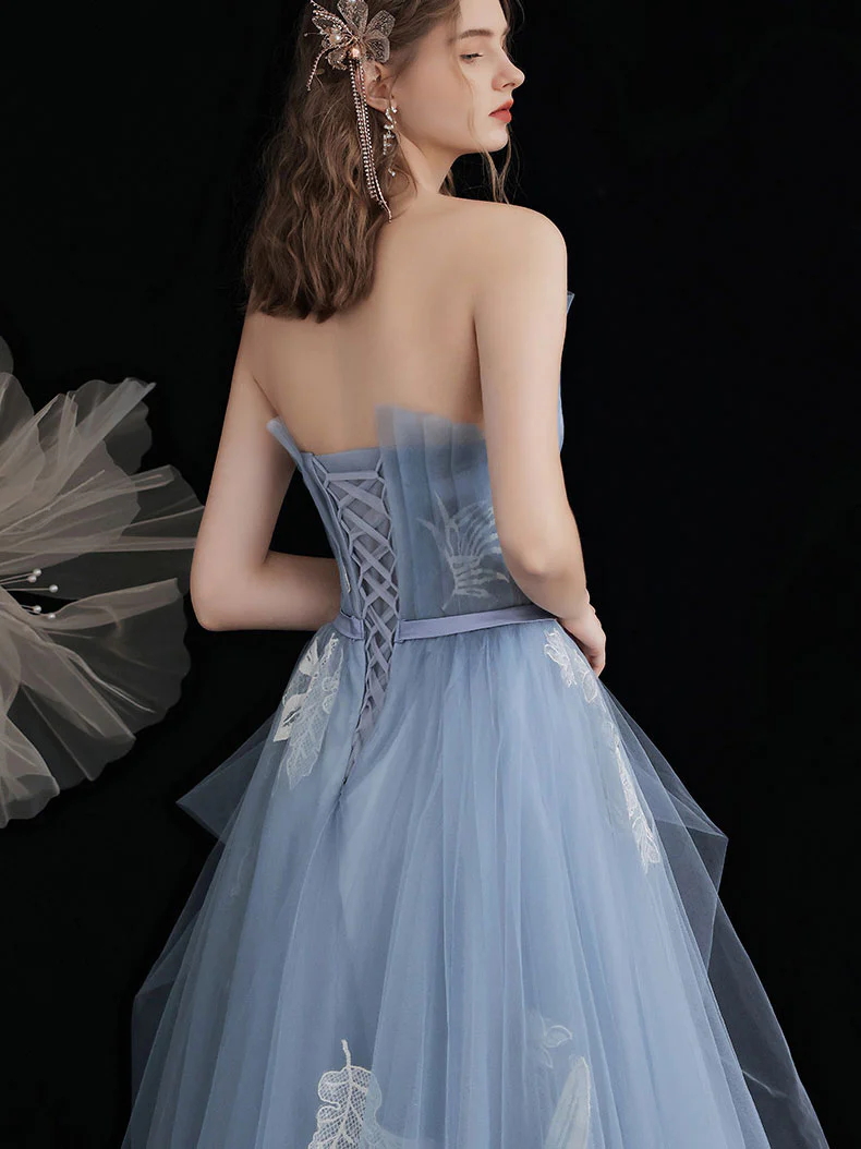 Blue Tulle Lace Tea Length Prom Dress, Lace Tulle Formal Dress - Deanwangkt