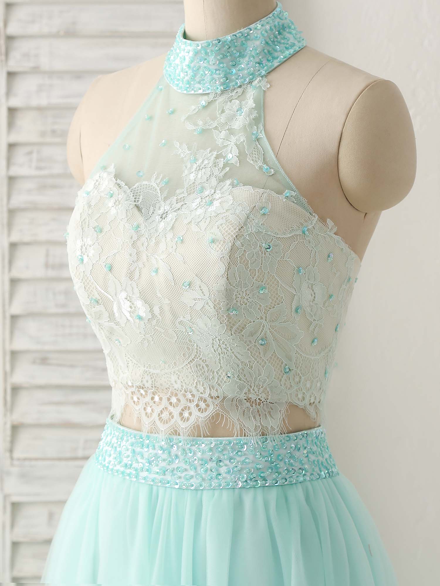 Green Tulle Two Pieces Long Prom Dress Lace Beads Formal Dress - Deanwangkt