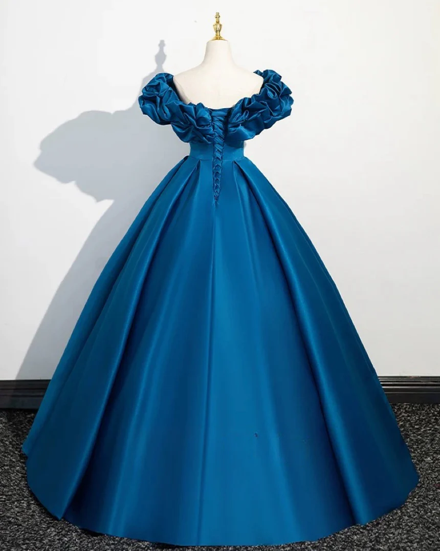 A-Line Off Shoulder Satin Blue Long Prom Dress, Blue Long Formal Dress - Deanwangkt