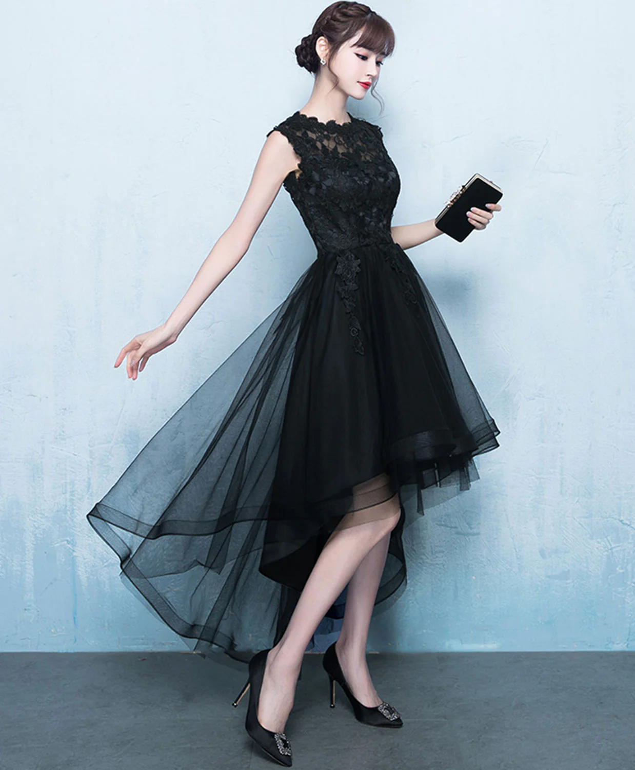 Black A-Line Tulle High Low Prom Dress, Black Homecoming Dresses - Deanwangkt