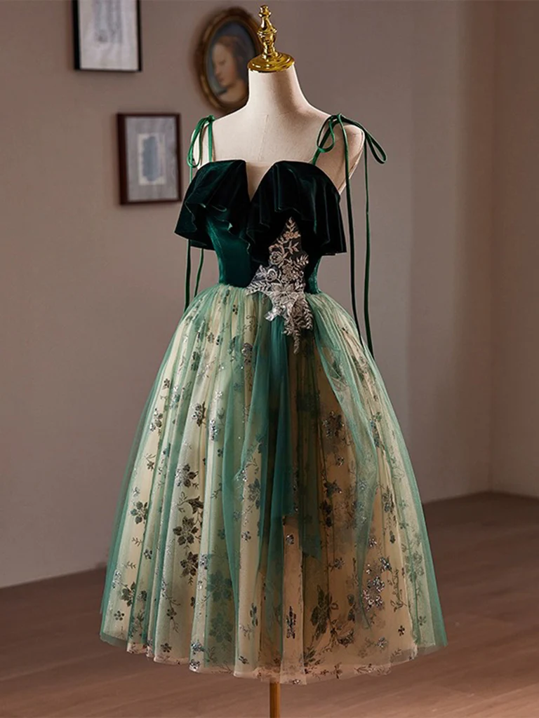 A-Line Tulle Sequin Velvet Green Short Prom Dress, Green Homecoming Dress - Deanwangkt