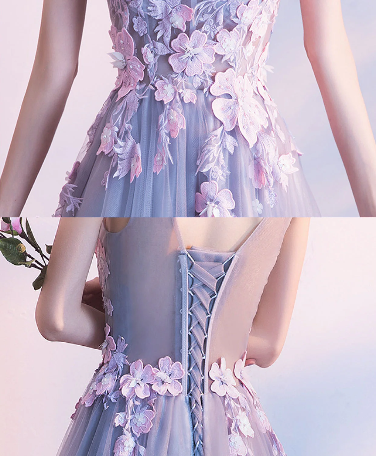 Gray Lace Tulle Long Prom Dress, Gray Evening Dress - Deanwangkt