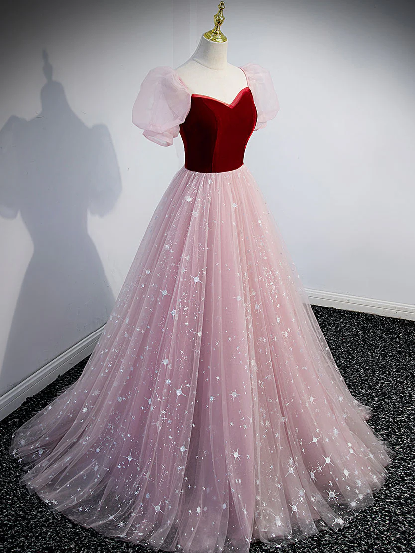 Pink A line Tulle Long Prom Dress, Pink Tulle Evening Graduation Dresses - Deanwangkt
