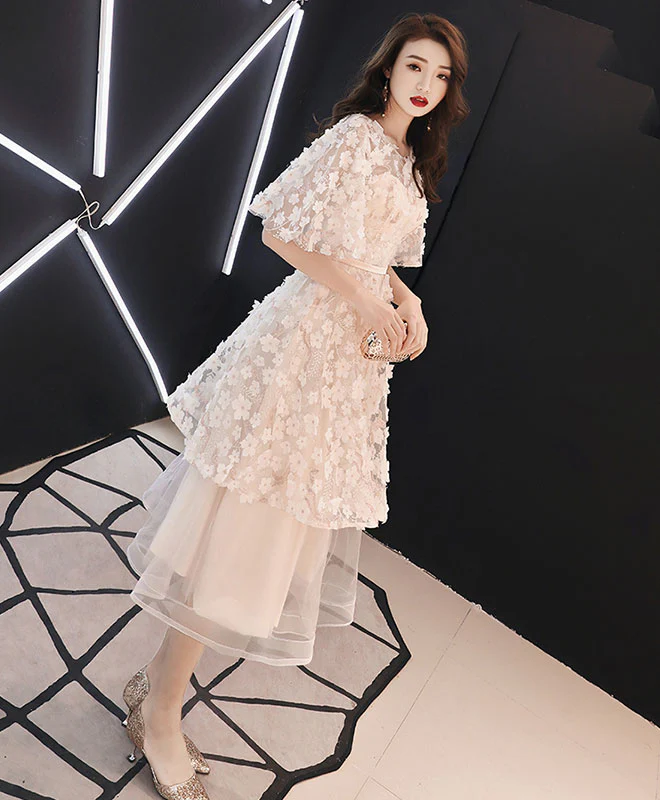 Champagne Tulle  Lace Short Prom Dress, Tulle Evening Dress - Deanwangkt