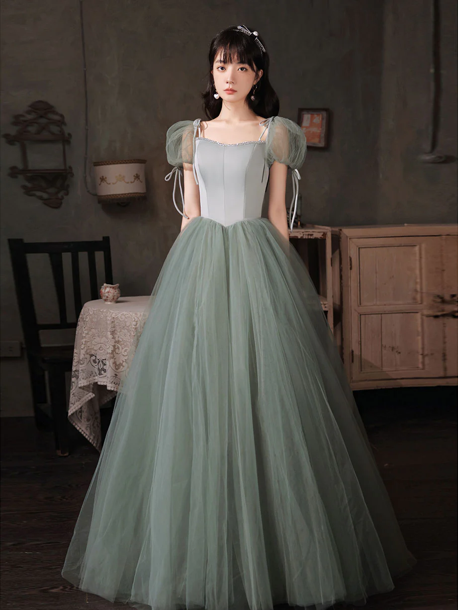 Gray Green Tulle Long Prom Dress, Green Tulle Formal Dress - Deanwangkt