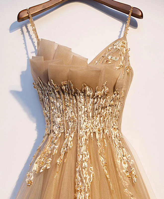 Champagne Tulle Lace Long Prom Dress Champagne Evening Dress - Deanwangkt
