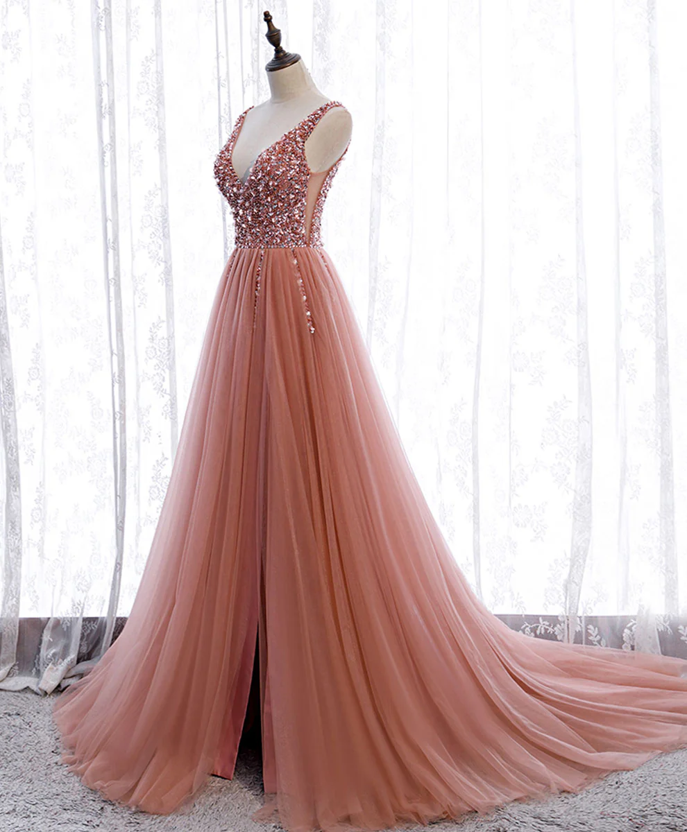 Pink V Neck Tulle Sequin Long Prom Dress, A line Pink Formal Dress with Beading Sequin - Deanwangkt