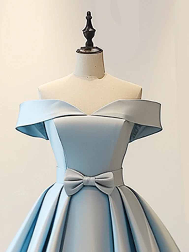 A-Line Off Shoulder Satin Blue Long Prom Dress, Blue Long Evening Dress - Deanwangkt