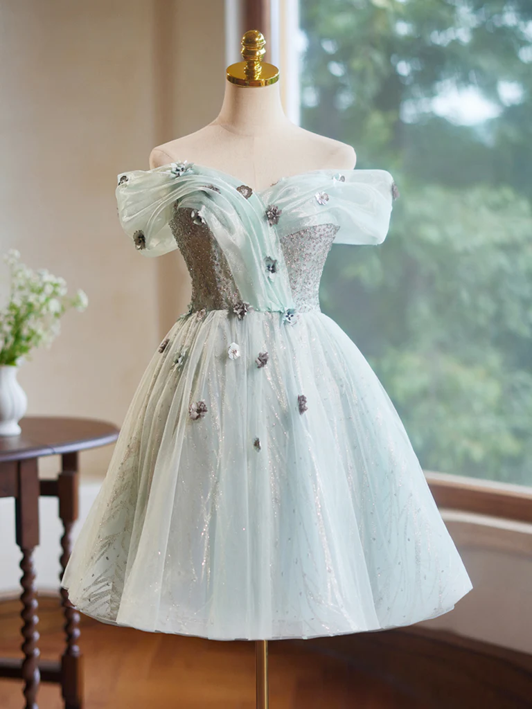A-Line Off Shoulder Tulle Short Prom Dress, Green Homecoming Dress - Deanwangkt