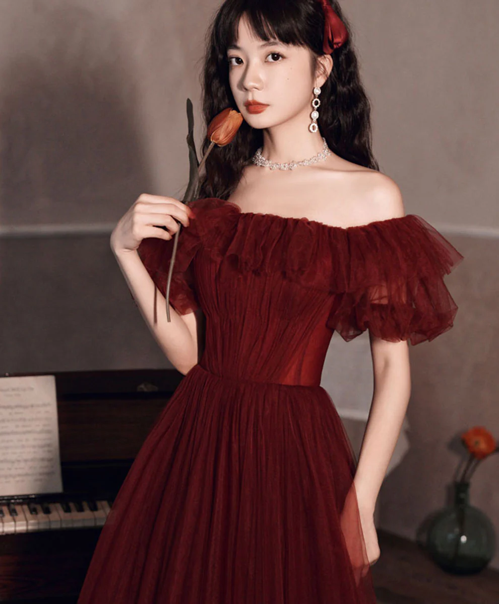 Simple Burgundy Off Shoulder Tulle Long Prom Dress Burgundy Evening Dress - Deanwangkt