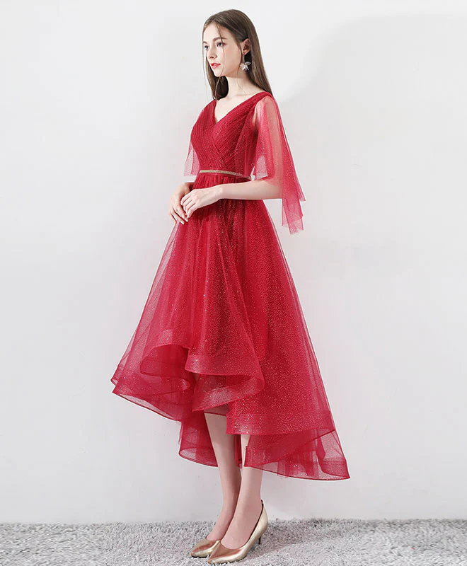 Burgundy Tulle High Low Prom Dress, Burgundy Tulle Evening Dress - Deanwangkt