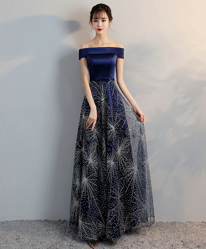 Blue Off Shoulder Long Prom Dress, Blue Evening Dress - Deanwangkt