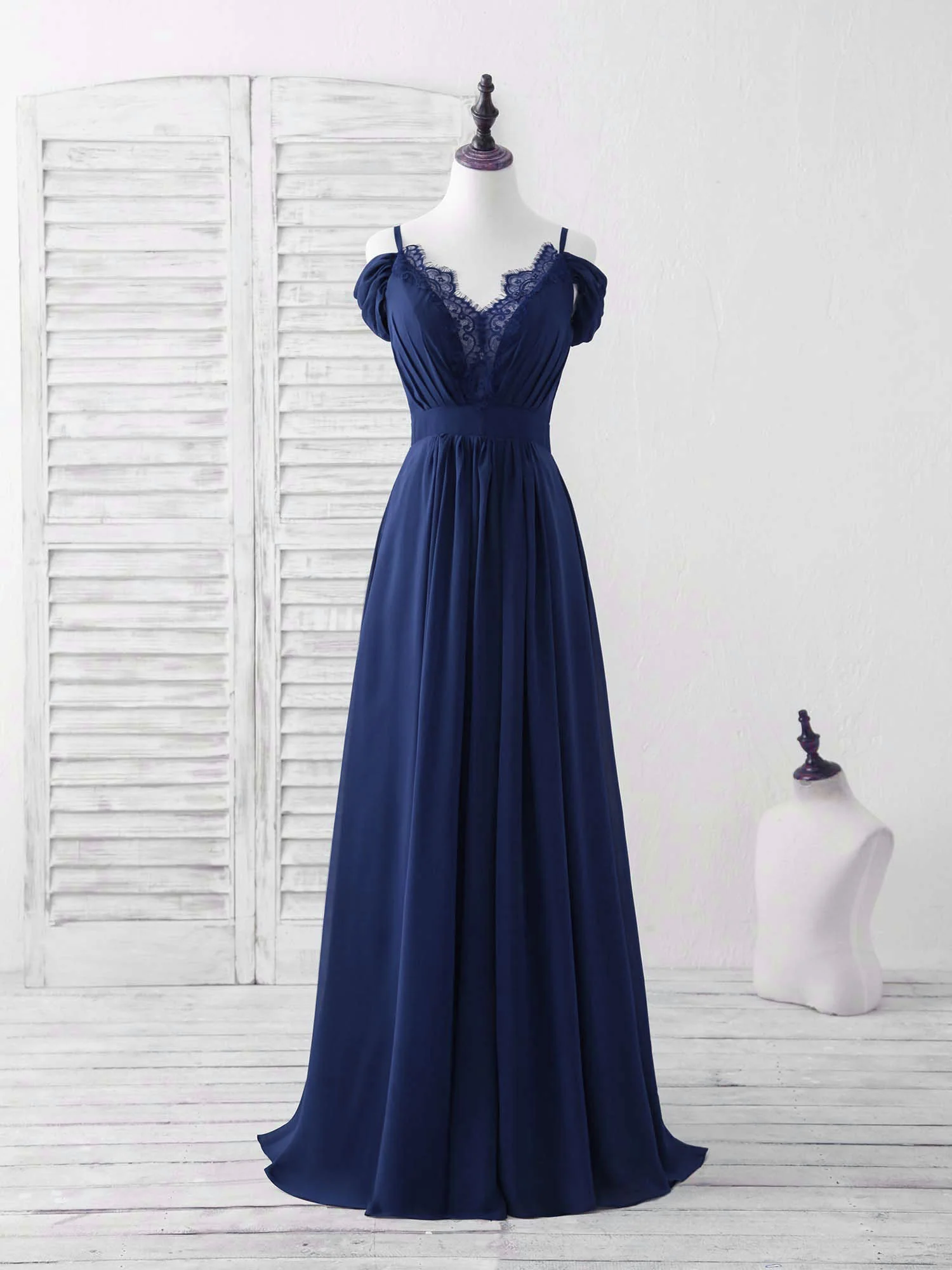 Blue Lace Chiffon Long Prom Dress Blue Bridesmaid Dress - Deanwangkt