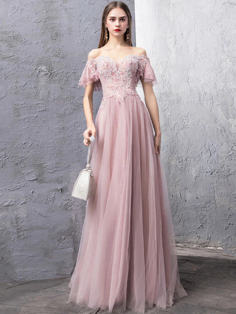 Pink Tulle Lace Off Shoulder Long Prom Dress, Pink Evening Dress - Deanwangkt