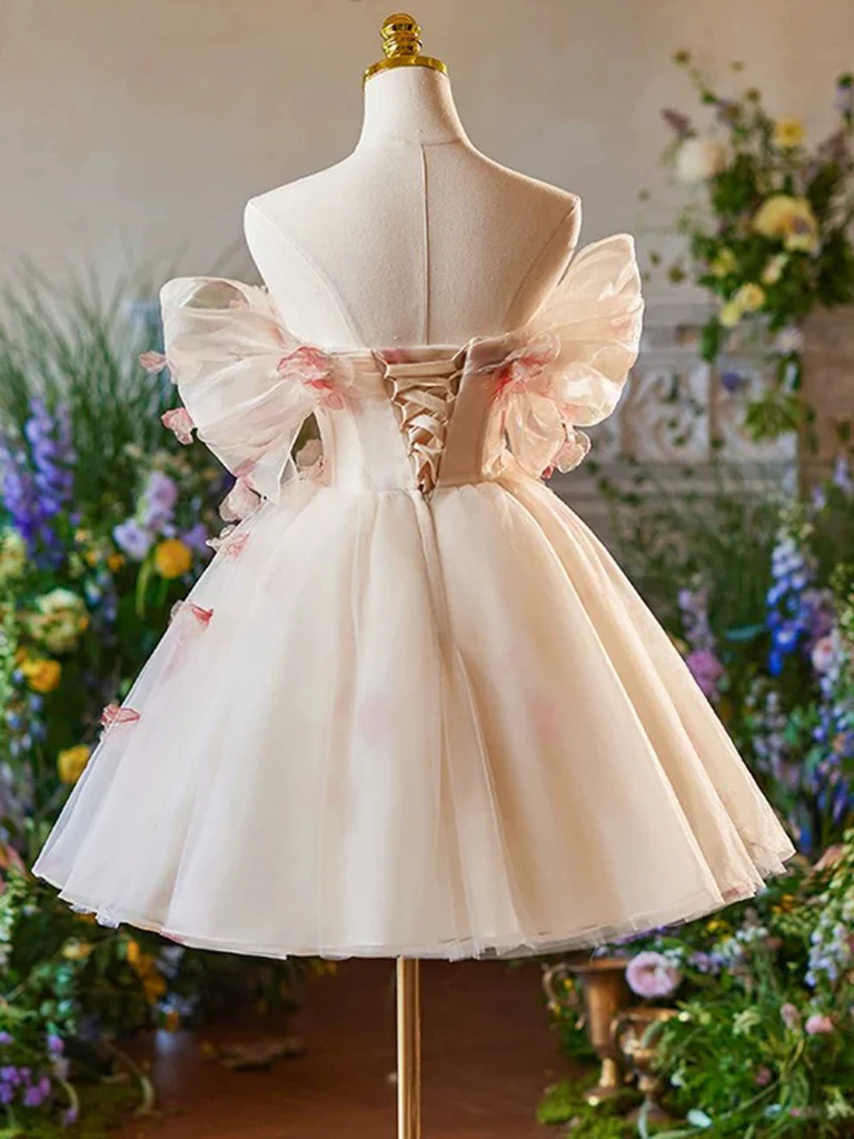 A-Line Off Shoulder Tulle Short Champagne Prom Dress, Cute Homecoming Dress - Deanwangkt