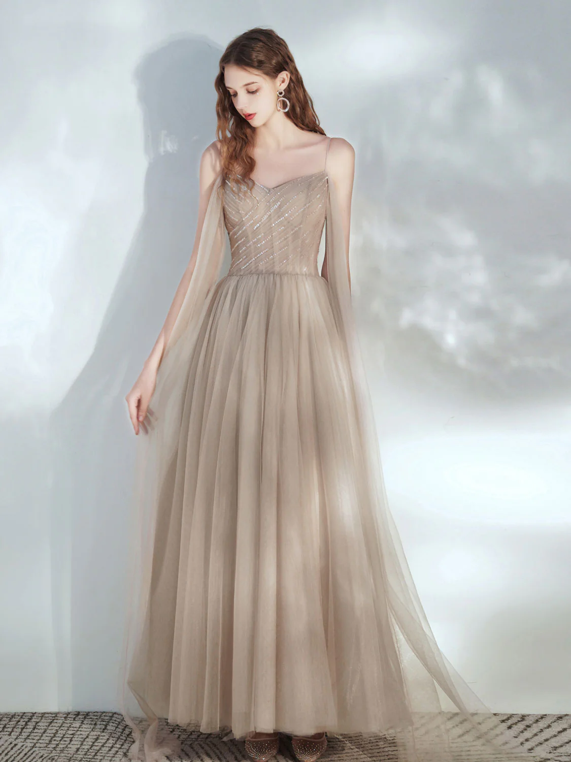A-Line Tulle Champagne Long Prom Dress, Champagne Formal Dresses - Deanwangkt