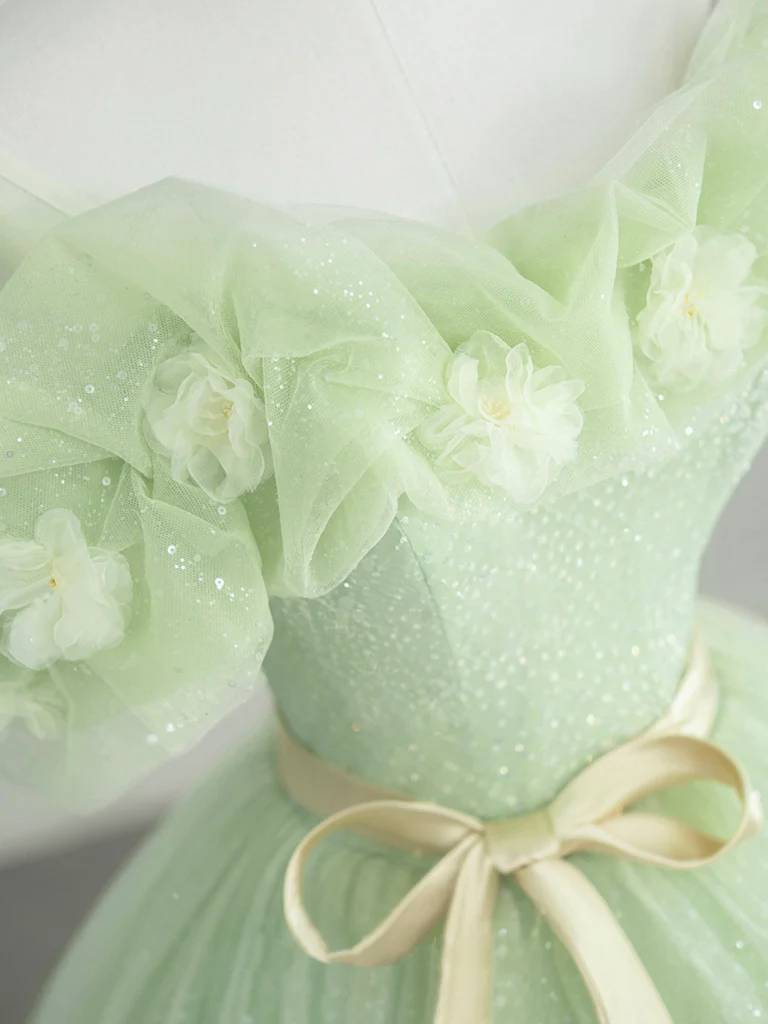 A-Line Off Shoulder Tulle Green Long Prom Dress, Green Sweet 16 Dress - Deanwangkt