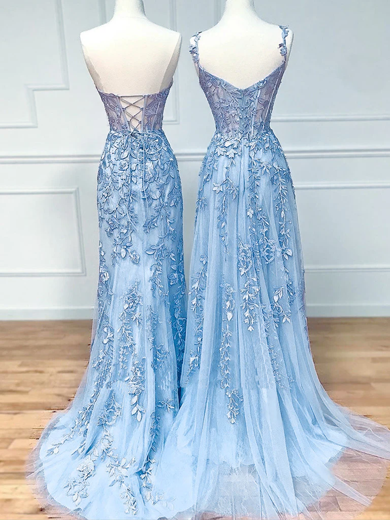 Blue Sweetheart Neck Lace Long Prom Dresses, Blue Lace Graduation Dress - Deanwangkt