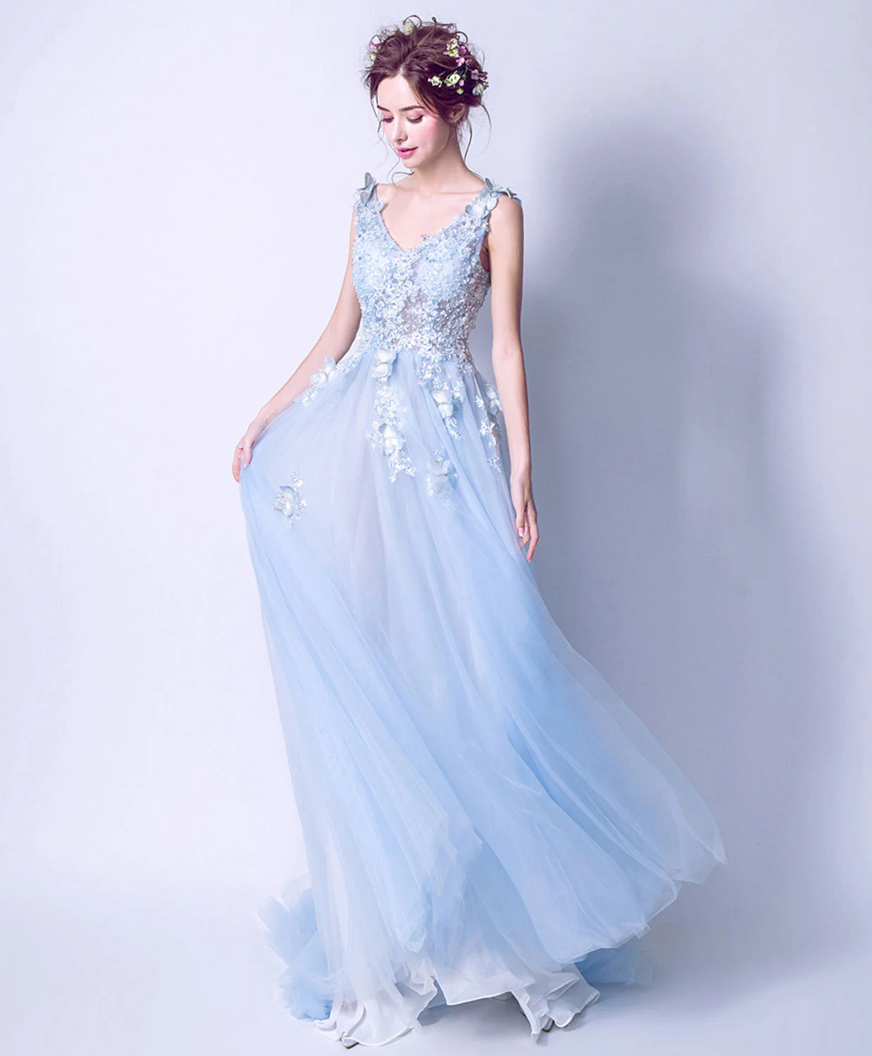 Blue V Neck Tulle Lace Long Prom Dress, Blue Evening Dress - Deanwangkt